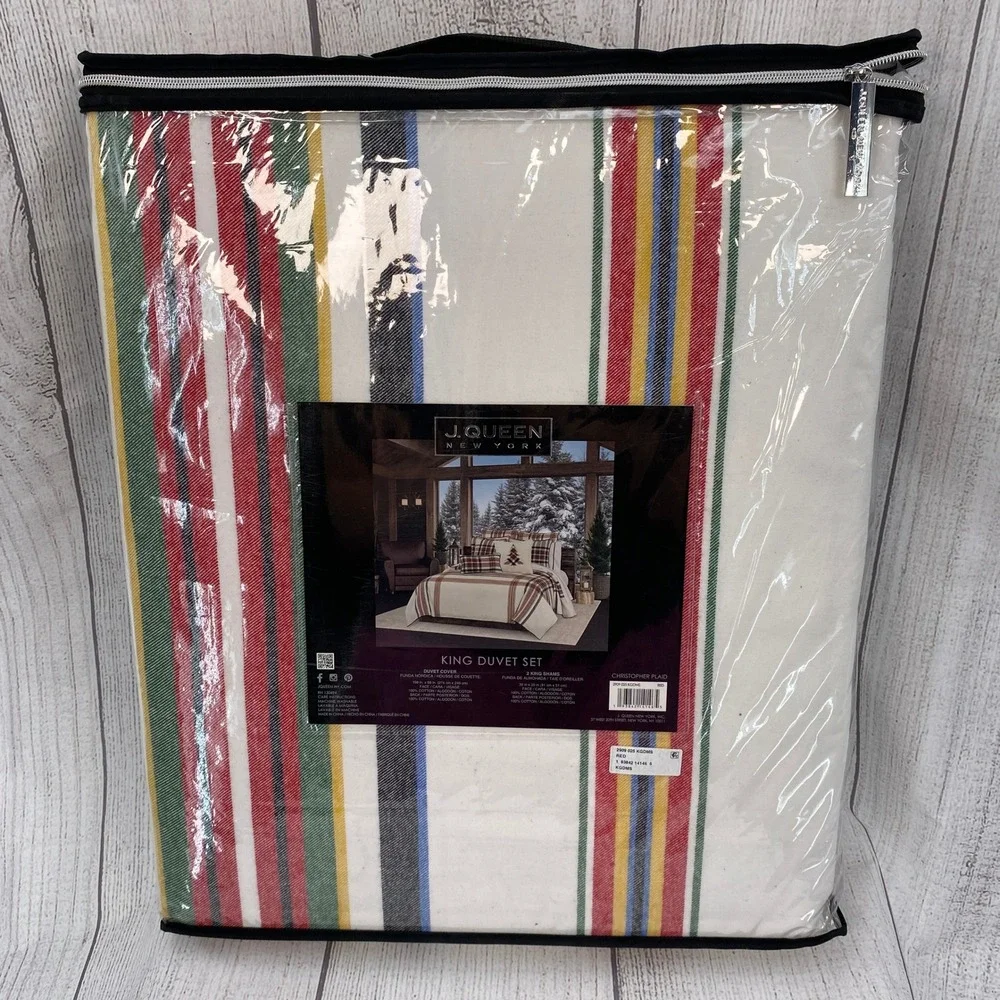 J. Queen New York Duvet Set KING Christopher Plaid Red Cream 100% Cotton Lodge